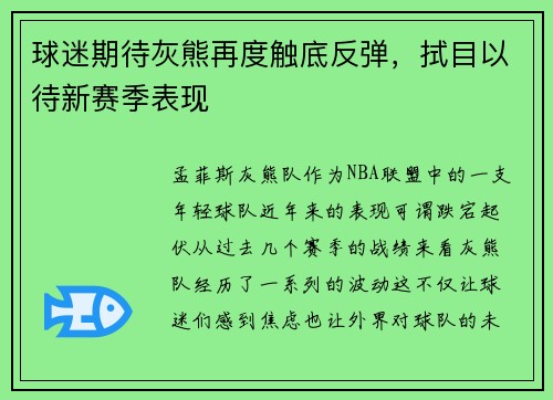 球迷期待灰熊再度触底反弹，拭目以待新赛季表现