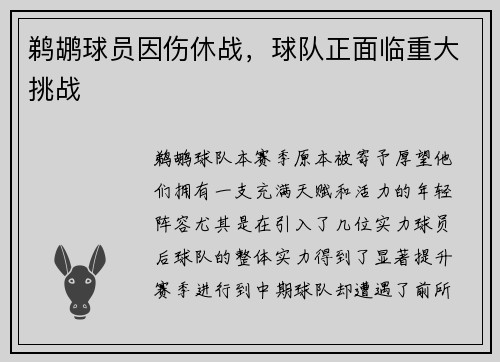 鹈鹕球员因伤休战，球队正面临重大挑战