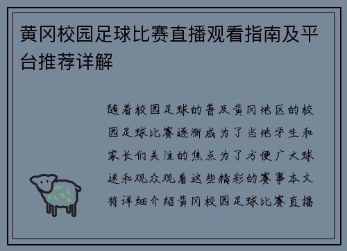 黄冈校园足球比赛直播观看指南及平台推荐详解